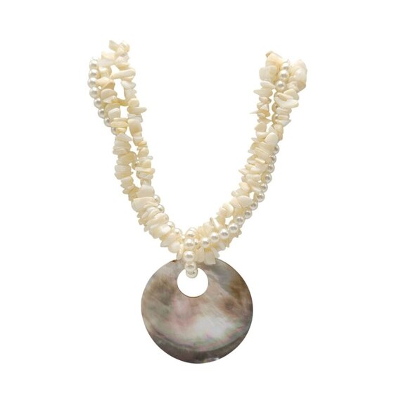 Natural Shell Faux Pearl Multi-Strand Necklace With Round Shell Pendant - Picture 1 of 5